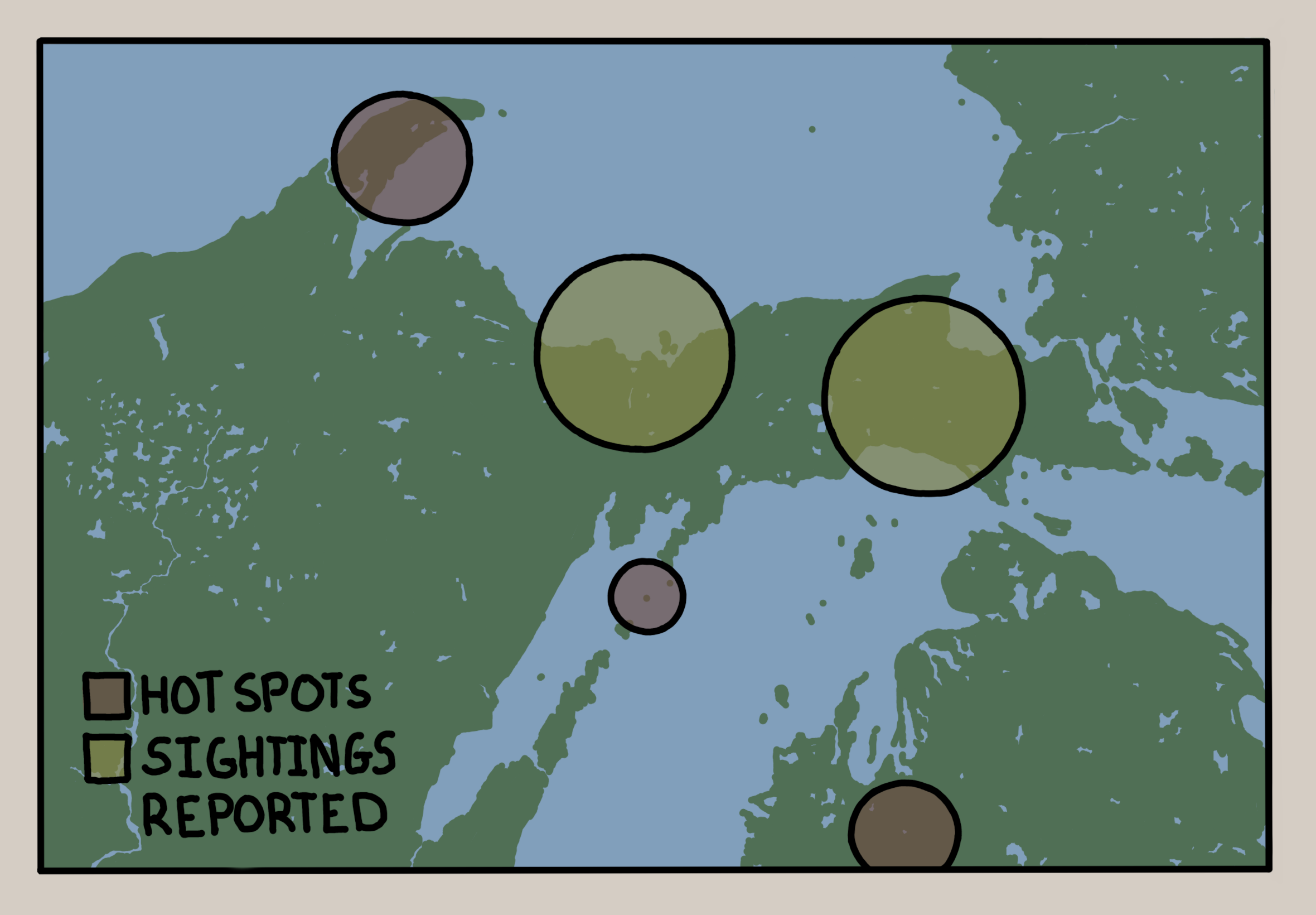 Poster used in the game UFO Chaser. A map of upper Michigan showing the recent UFO hot spots and sightings reported.